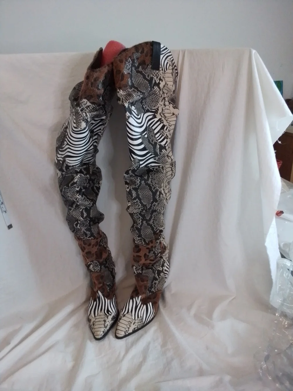 Over-the-Knee Mixed-Animal Print Boots - Black, White & Brown